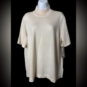 NWT Jones NY Women Cream Mock Neck Top Sz 2X Short Sleeve Knit  100% Merino Wool